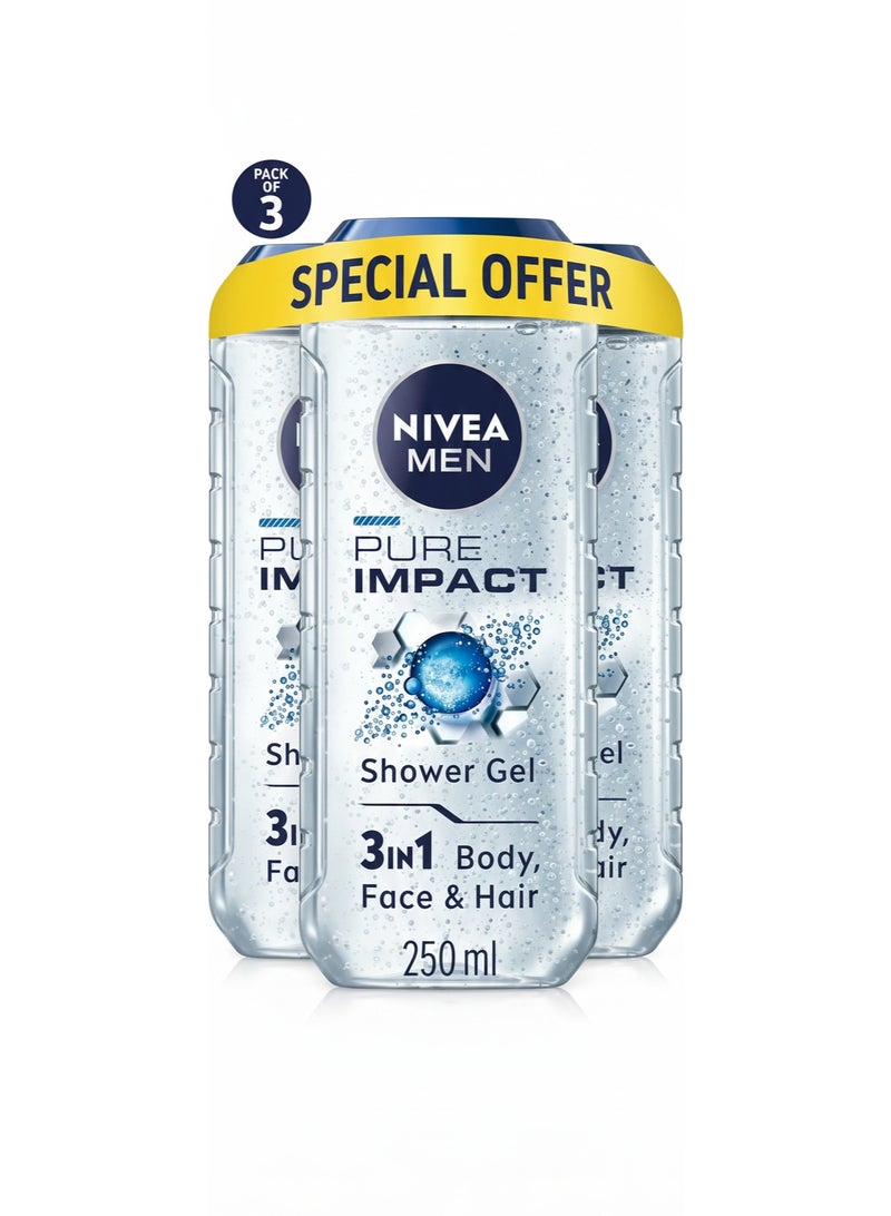 NIVEA MEN Pure Impact 3in1 Shower Gel Body Wash, Deep Cleansing, 250ml Pack of 3 - Image 1